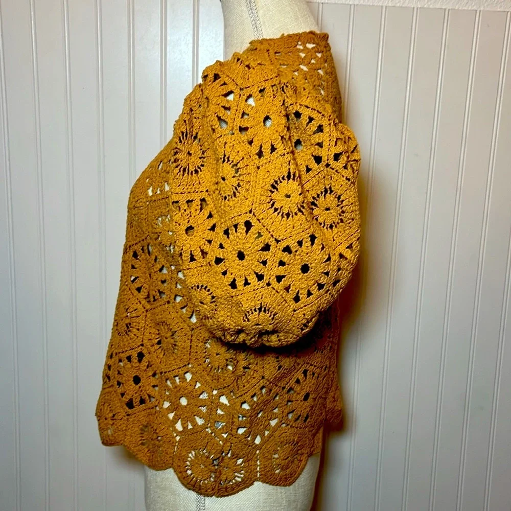 Zara Crochet Puff Sleeve Sweater Top - Rust/Tan/Spice Brown color